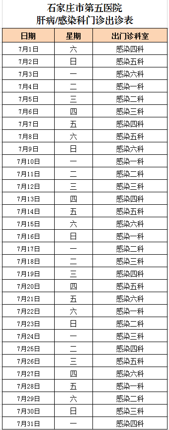 2023年7月份肝病/感染病科門(mén)診出診表