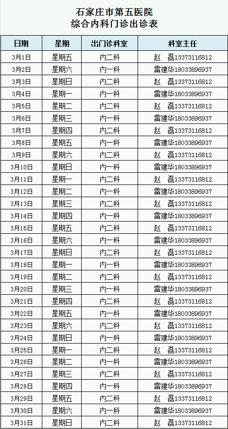 2024年3月綜合內(nèi)科門診出診表