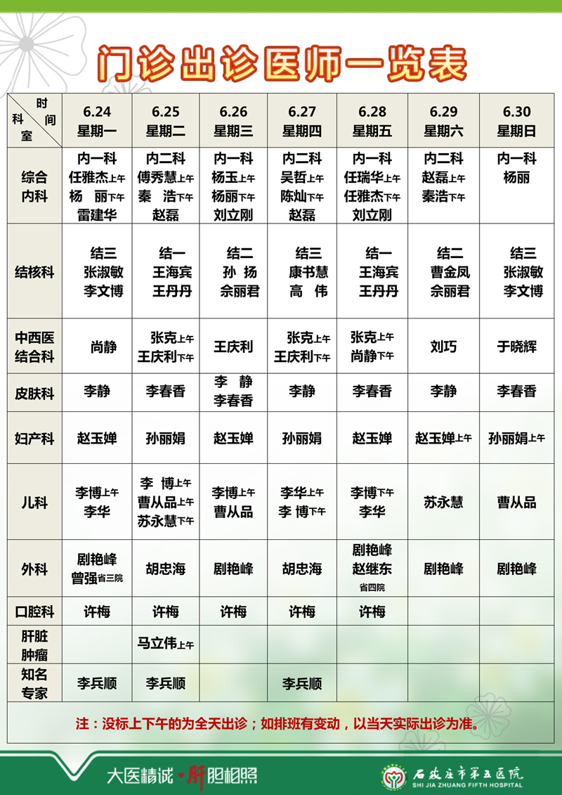 2024年6月17日—6月23日 門診出診醫(yī)師一覽表