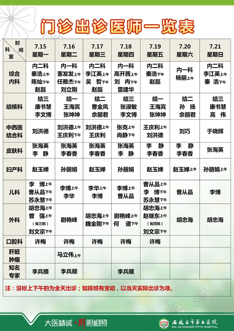 2024年7月8日—7月14日 門診出診醫(yī)師一覽表