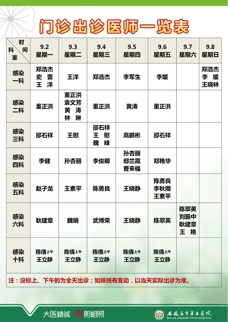 2024年8月26日—9月1日 門診出診醫(yī)師一覽表