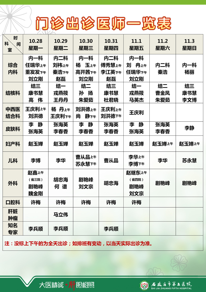 2024年10月21日—10月27日 門診出診醫(yī)師一覽表