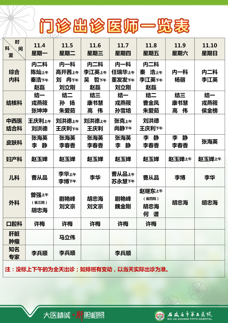 2024年11月4日—11月10日 門診出診醫(yī)師一覽表