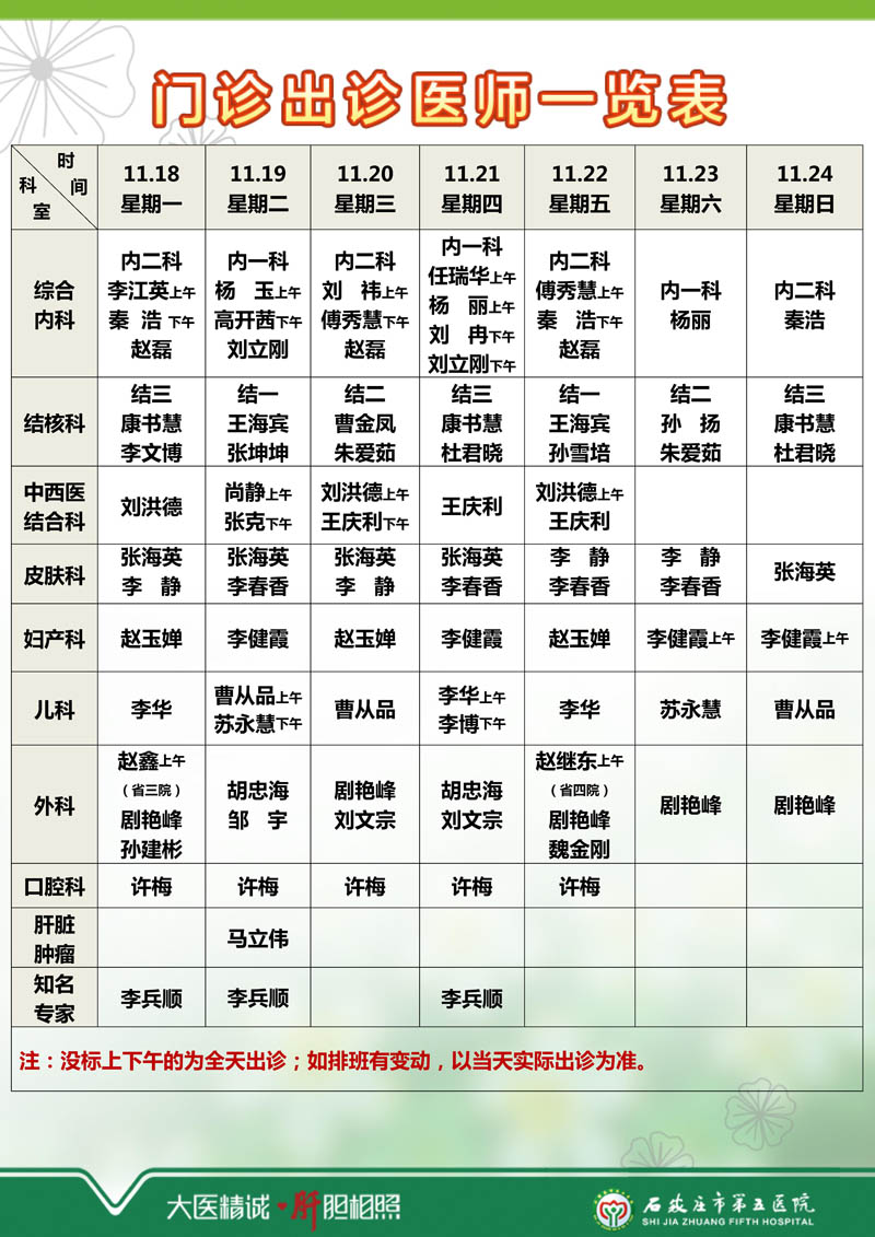 2024年11月11日—11月17日 門診出診醫(yī)師一覽表